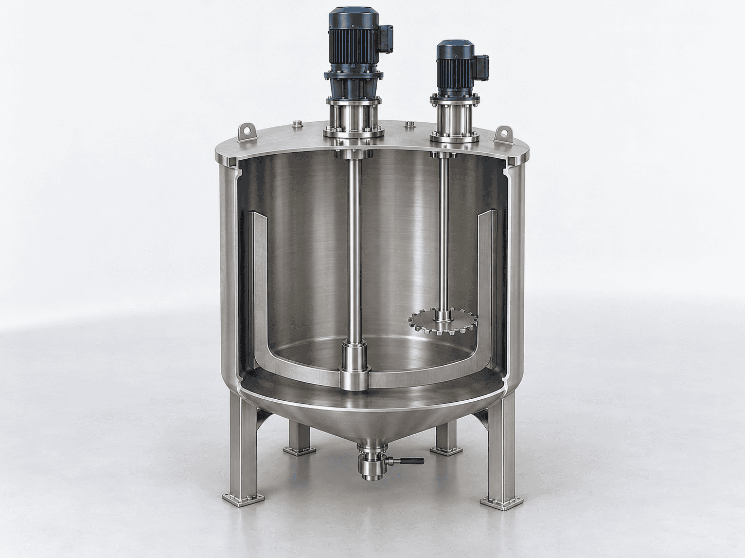 Cutaway of a chemical mixing tank with an anchor agitator and independently driven high-speed dispersing disc