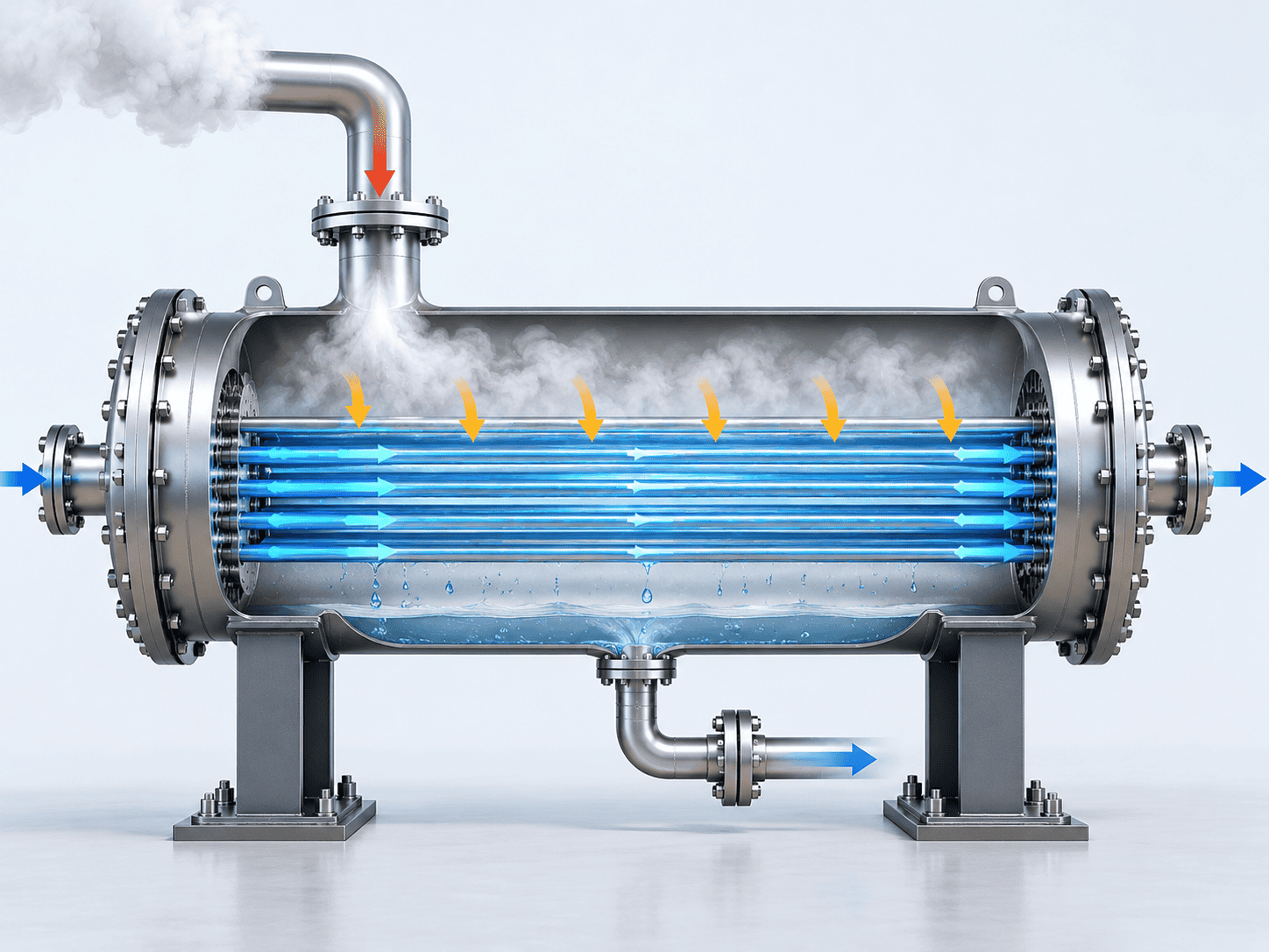 Shell and tube condenser cutaway showing steam condensing around the tube bundle and cooling water flowing through the tubes