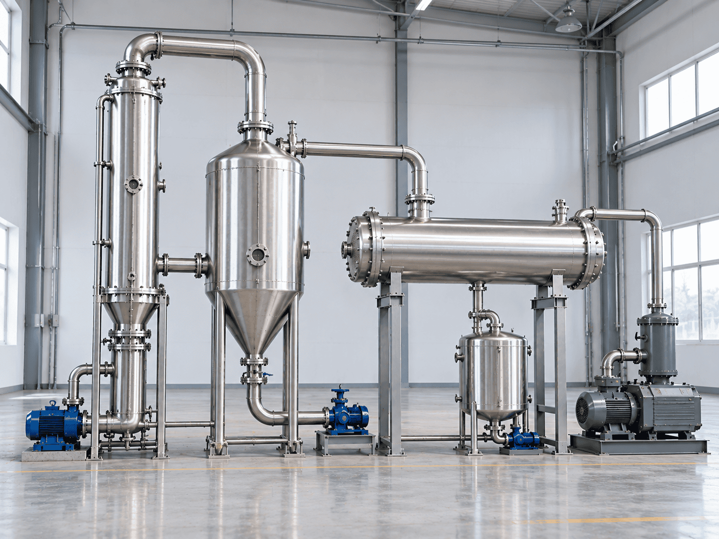 Simplified industrial vacuum evaporation system with evaporator, separator, condenser and vacuum equipment