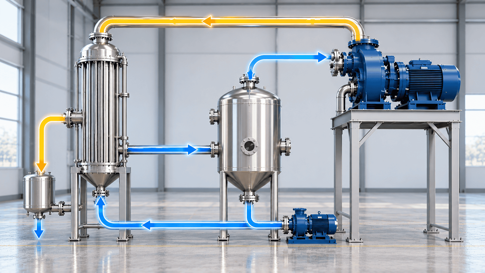 Simplified MVR heat recovery concept showing separator vapor, compressor and vapor return to the evaporator heating side