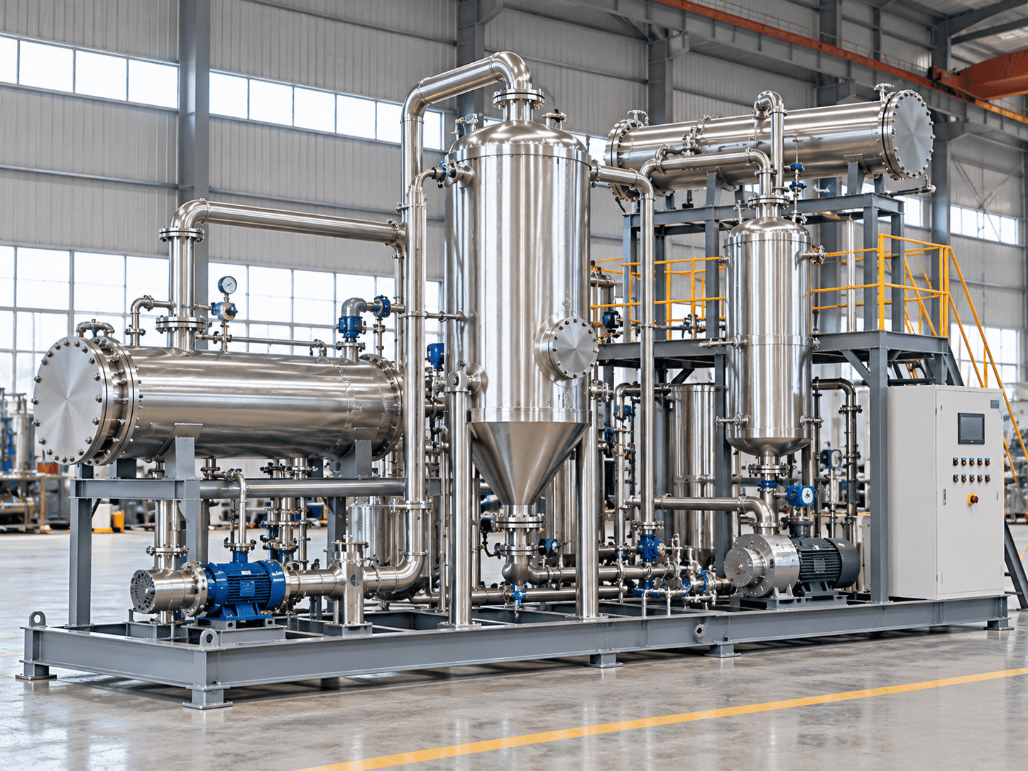 Complete industrial evaporation system with evaporator, separator, heat exchangers, pumps, piping, controls and access platform
