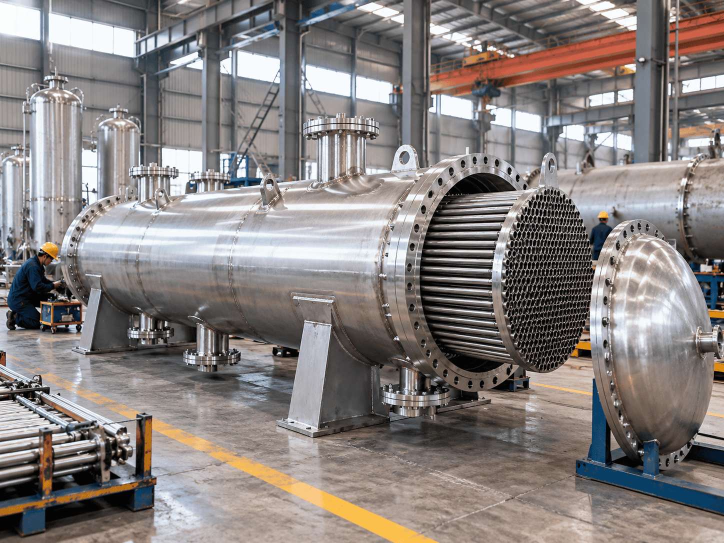 Stainless steel shell and tube heat transfer equipment during fabrication with visible tubesheet, tube bundle, flanges and vessel shell