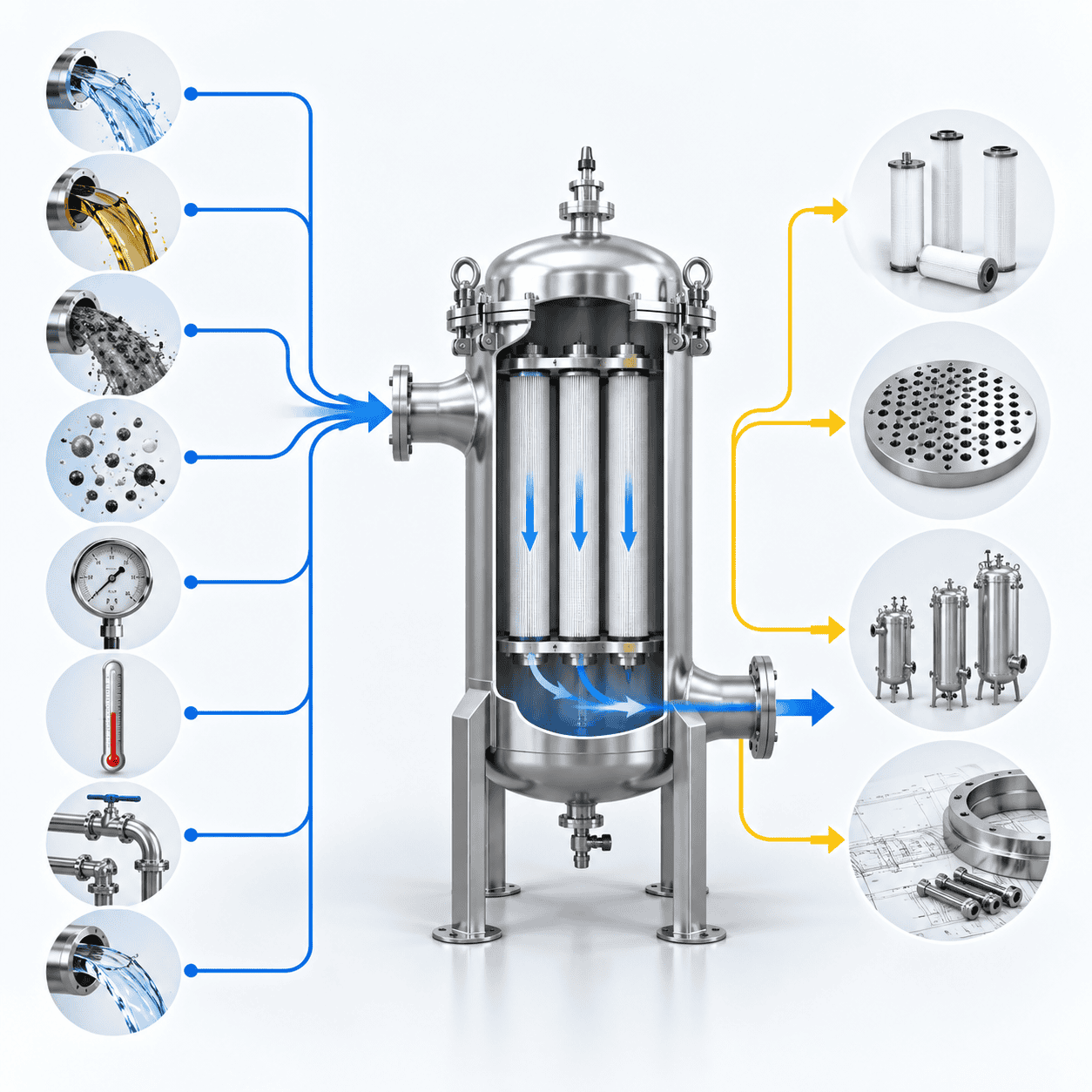 Engineering diagram showing process inputs used to determine industrial filter vessel design