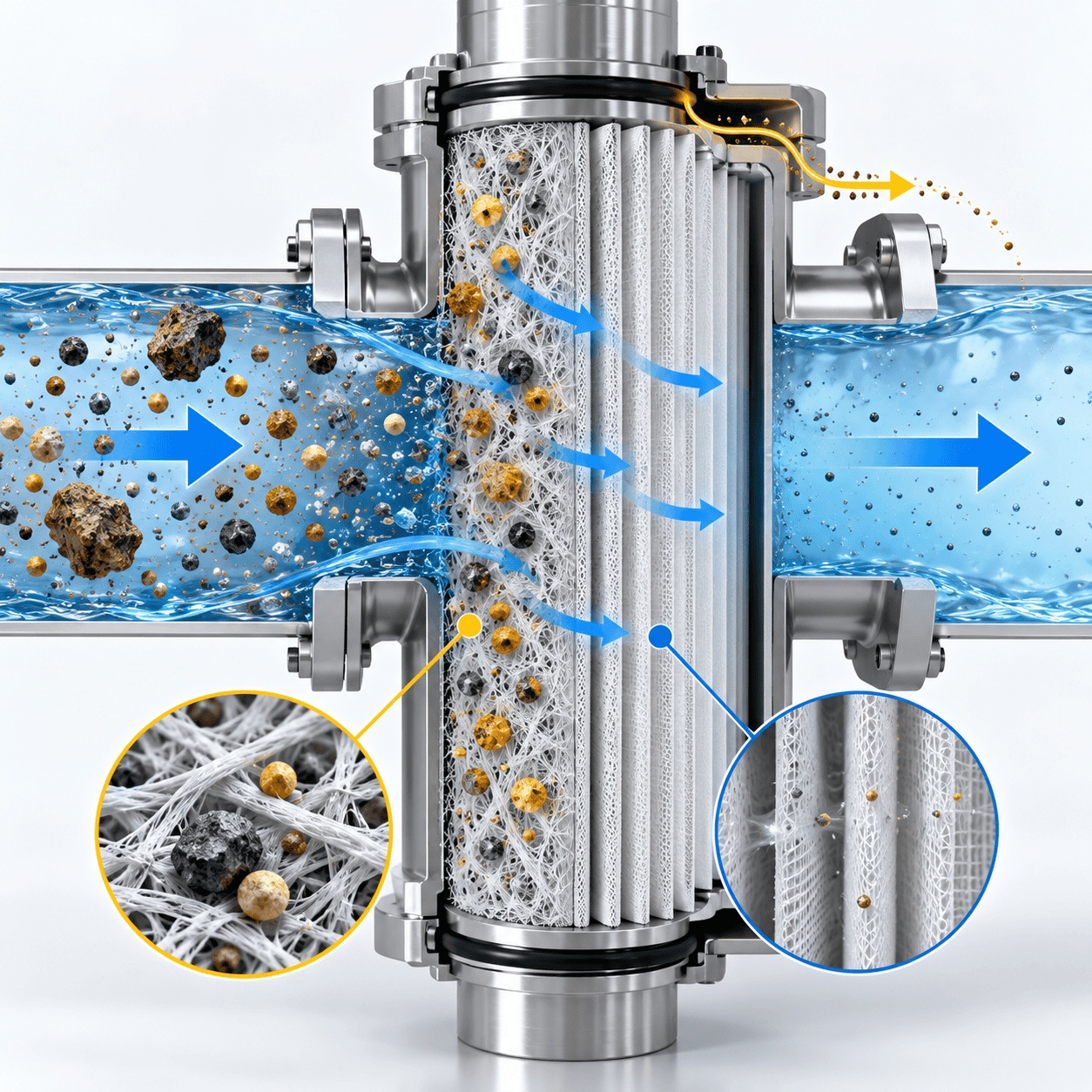 Technical filtration diagram showing particle capture through industrial filter media and bypass risk