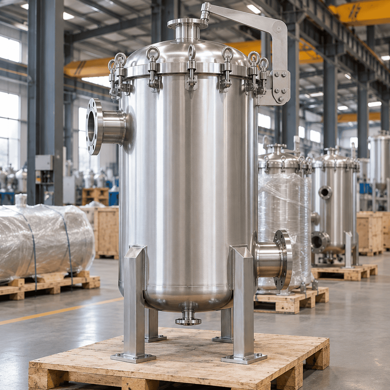 Completed stainless steel industrial filter vessel ready for final inspection and shipment
