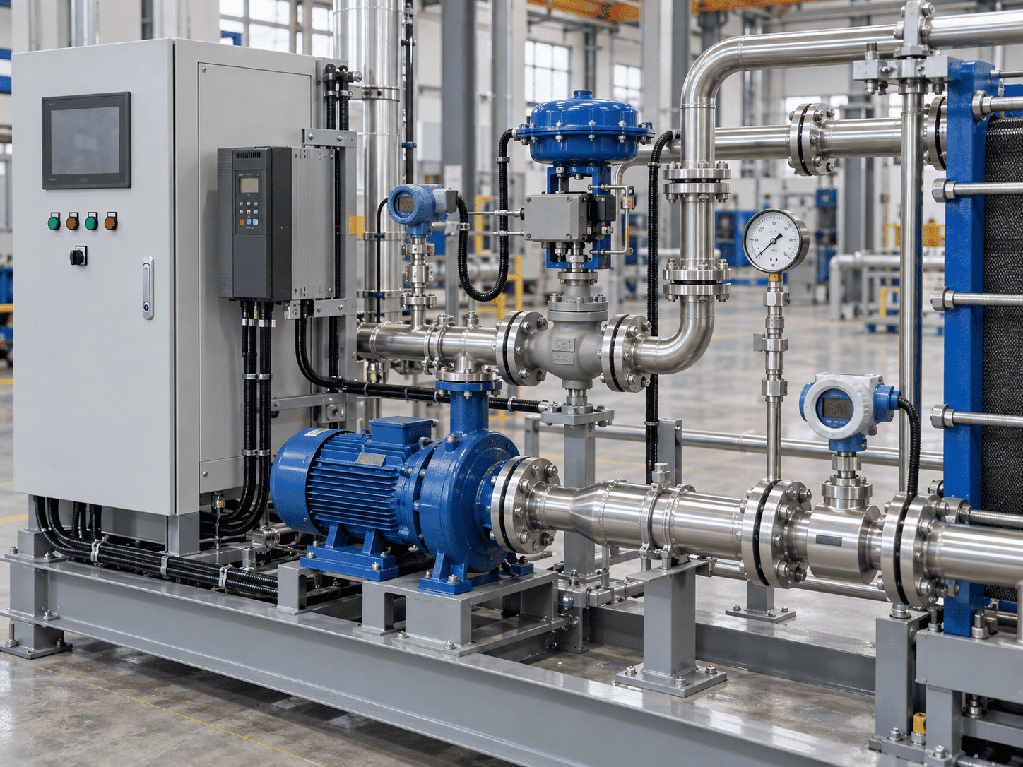 Heat exchange skid control valve, instrumentation, pump and control cabinet
