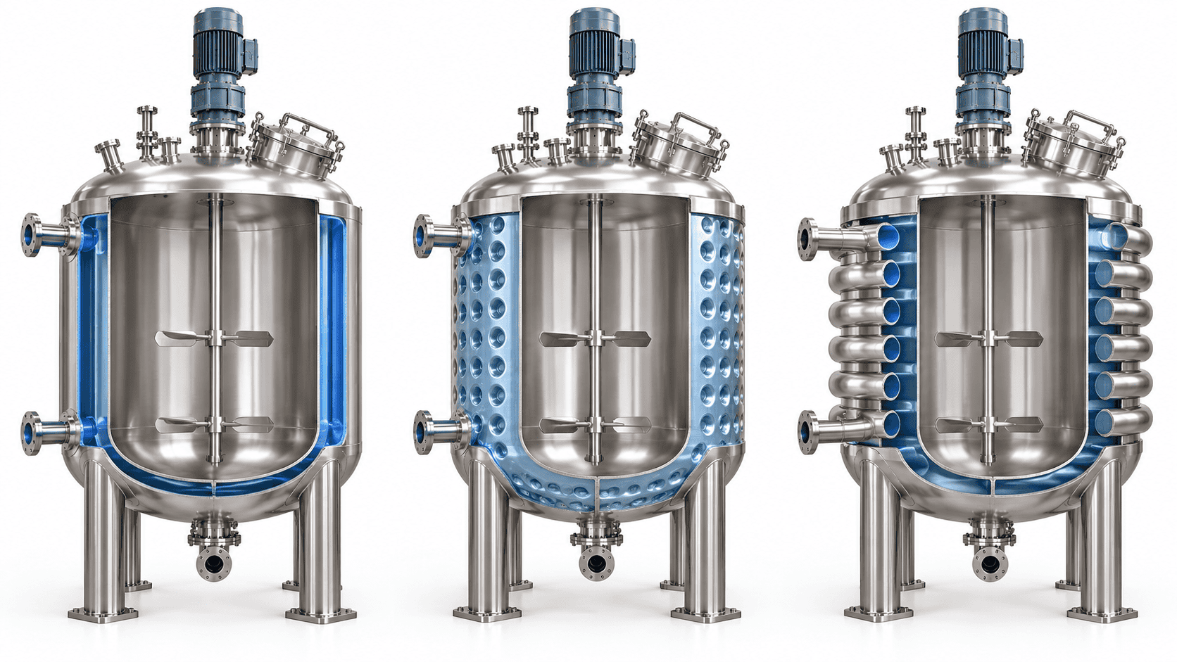 Three illustrative jacketed mixing tank constructions: conventional jacket, dimple jacket and half-pipe coil jacket