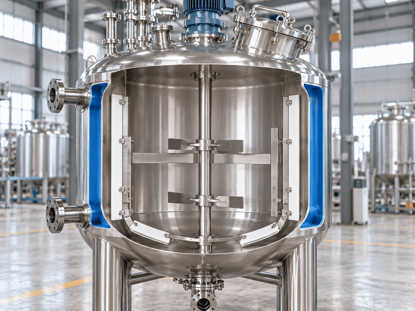 Cutaway illustration of stainless steel jacketed mixing vessel with anchor agitator and wall scrapers