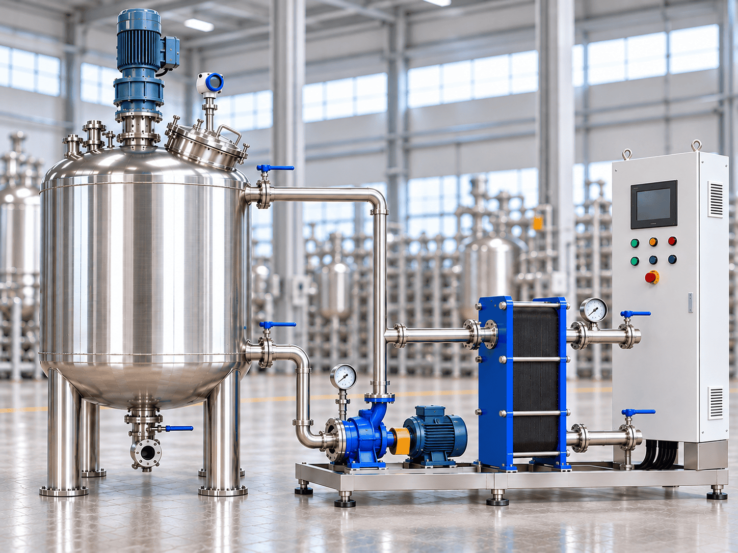 Illustrative temperature control equipment with jacketed mixing tank, circulation pump, plate heat exchanger and control cabinet
