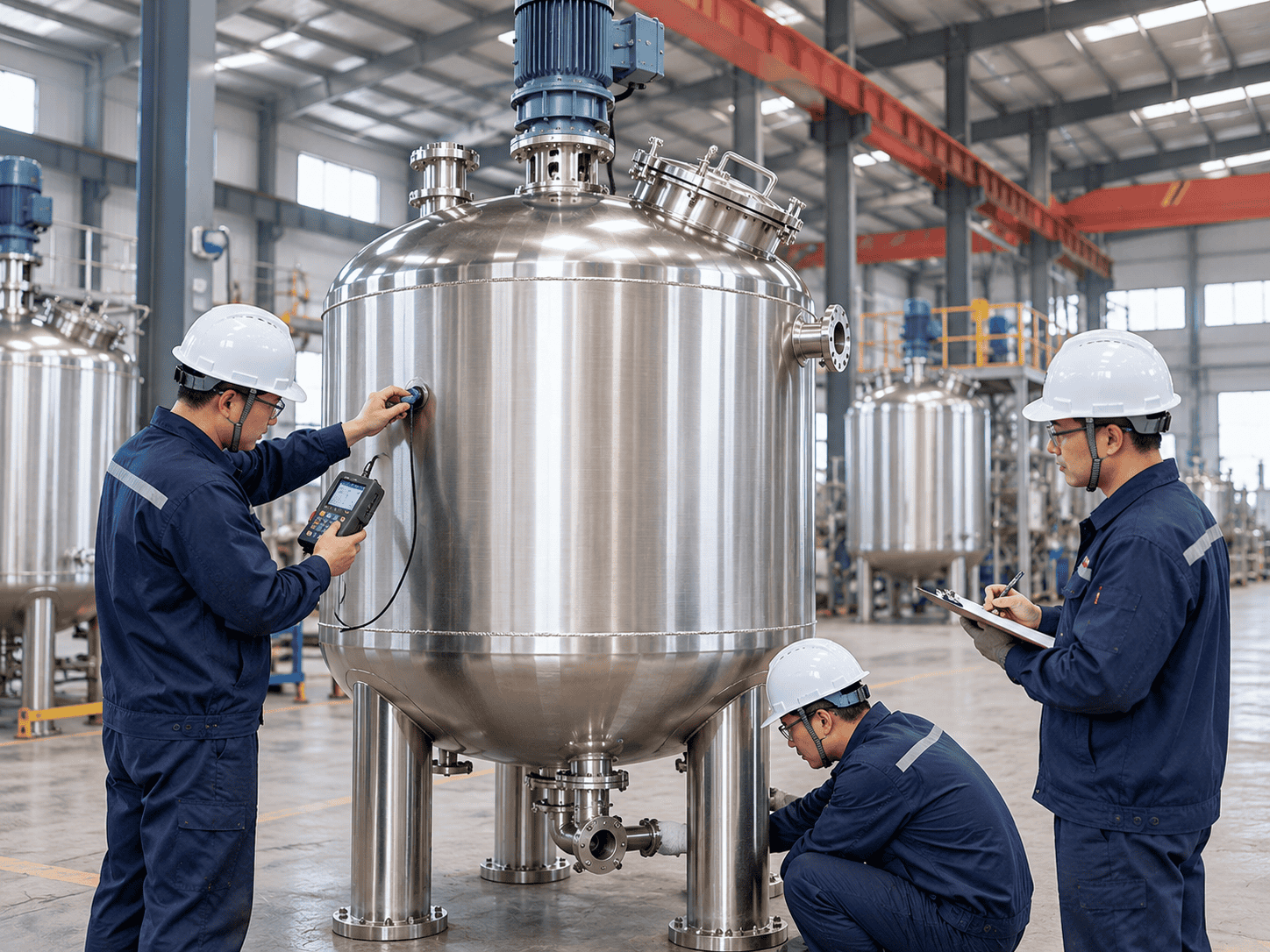 Illustrative inspection scene for stainless steel jacketed mixing tank fabrication and project verification