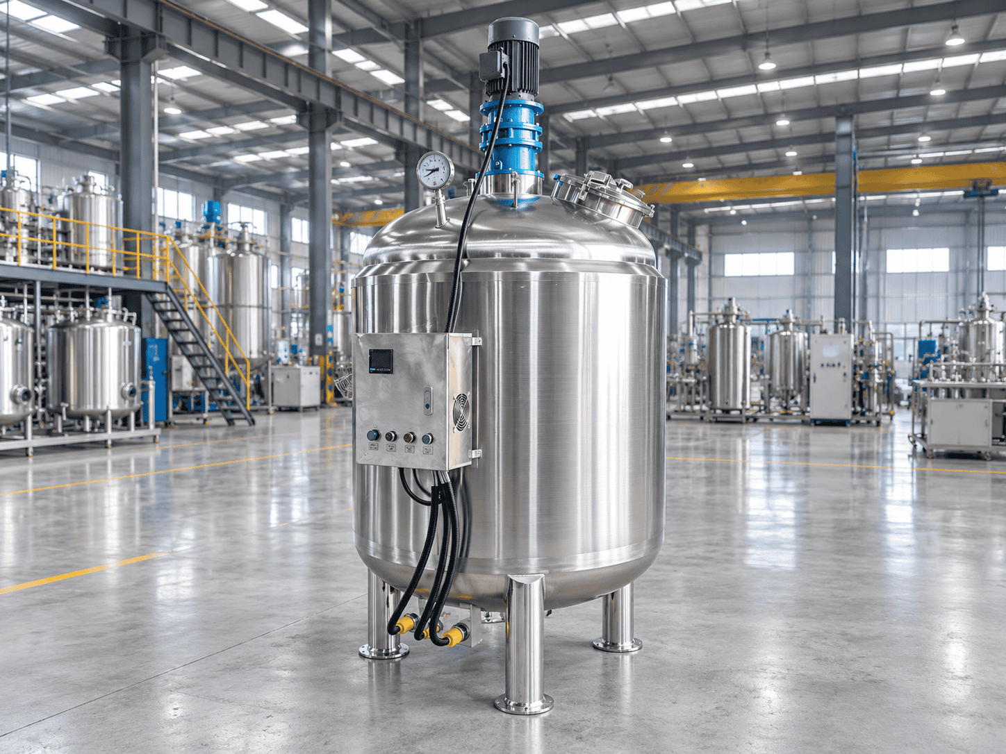 Stainless steel mixing tank with industrial agitator