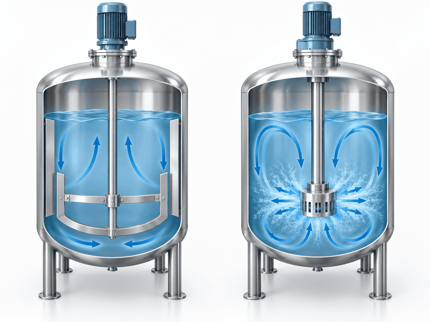 Industrial mixing tanks section view comparing an anchor agitator and rotor-stator high-shear mixing