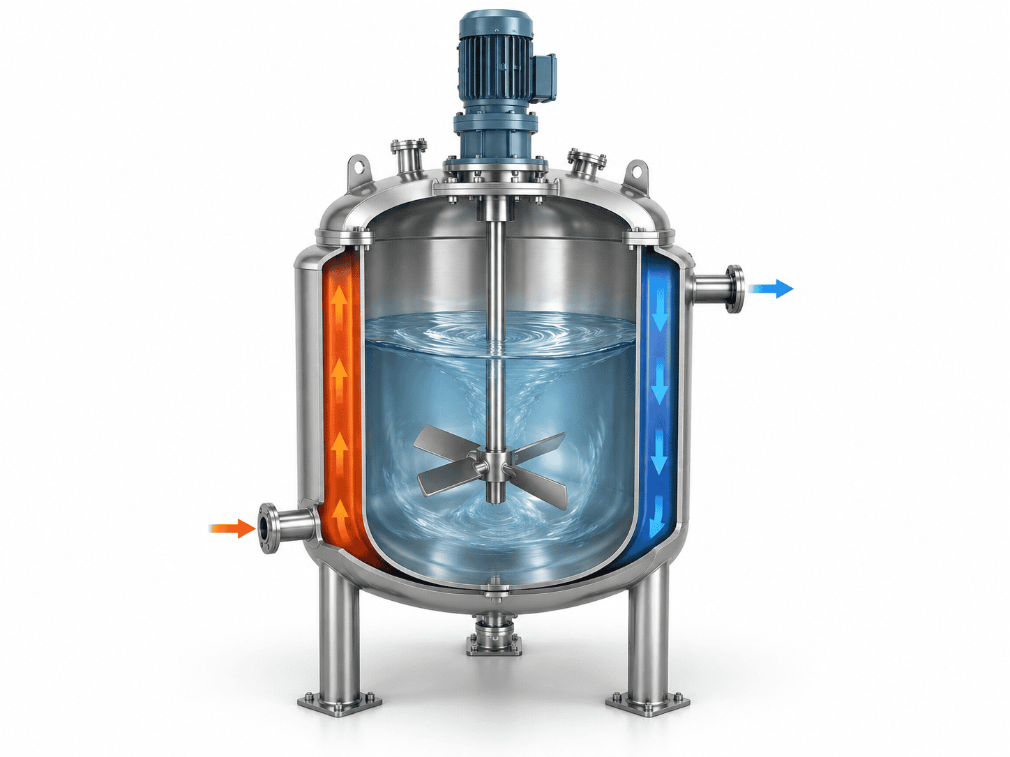 Illustrative cutaway of a jacketed stainless steel mixing tank with internal agitator and utility connections