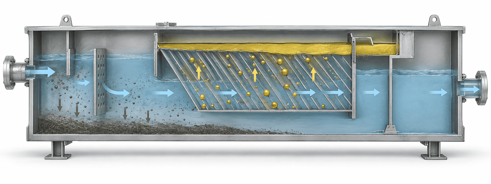 Oil water separator working principle cutaway showing solids settling, oil droplet rise, coalescing plates and treated water outlet