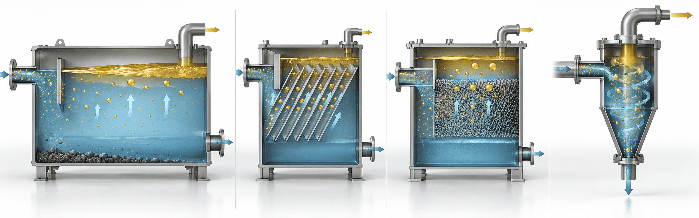 Comparison of gravity, CPI, coalescing and hydrocyclone oil water separation technologies