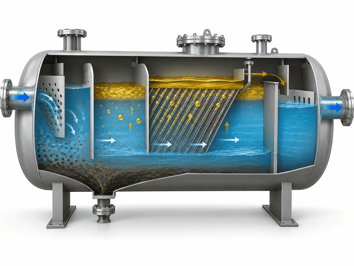 Oil water separator internal configuration cutaway showing inlet distribution, CPI coalescing media, oil collection, sludge zone and treated water outlet