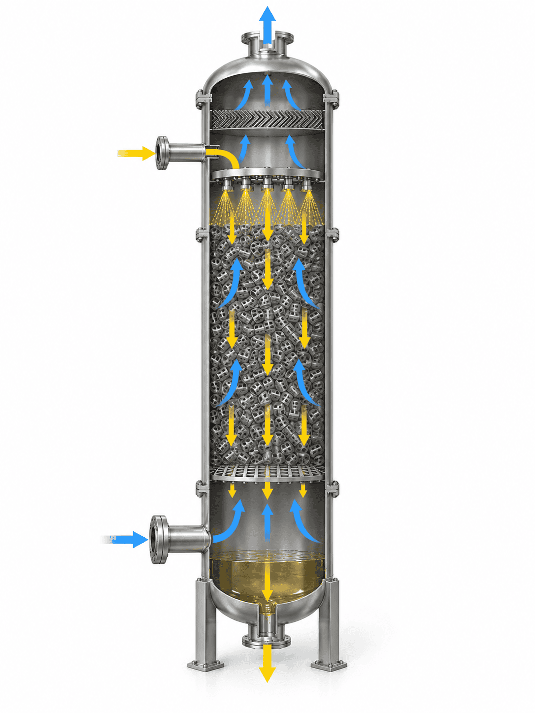 Packed tower internal structure showing counter-current gas and liquid flow