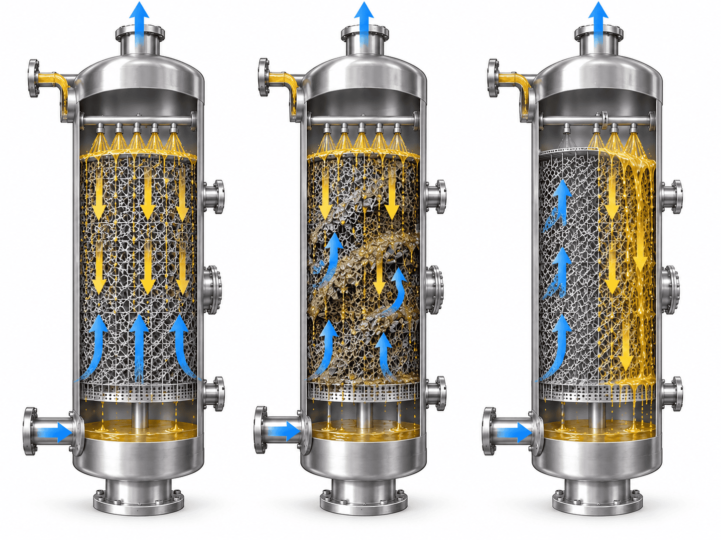 Packed tower troubleshooting illustration showing normal flow fouling and maldistribution