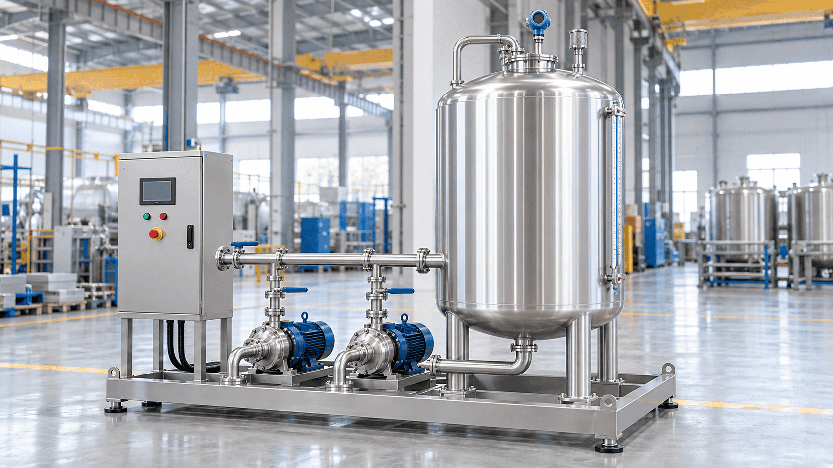 Storage skid system with stainless steel tank, transfer pumps, piping and control panel