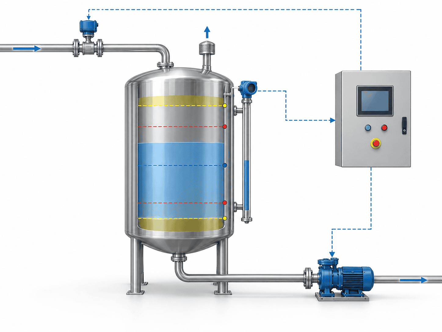 Storage tank level monitoring, inlet control and transfer pump protection diagram