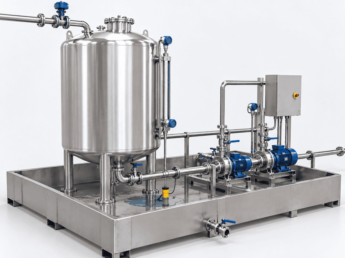 Storage skid secondary containment with tank, pumps, leak detection and controlled drainage