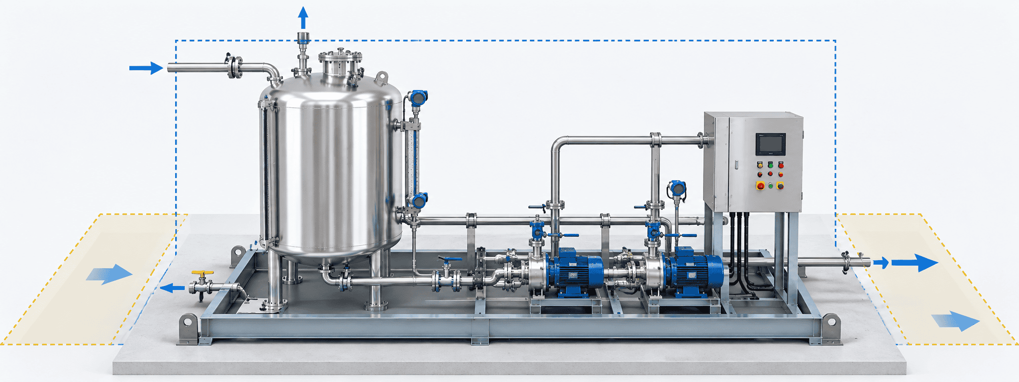 Storage skid layout showing tank, transfer pumps, control panel, package boundary and maintenance access