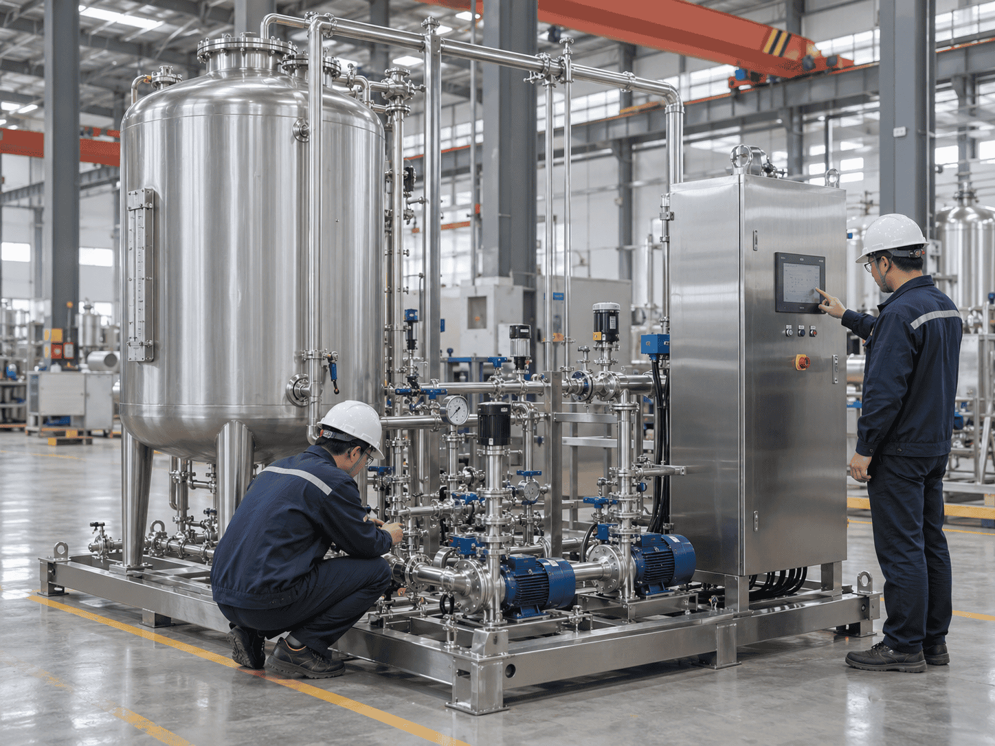 Factory acceptance testing of an assembled storage skid with engineers checking controls, pumps and piping