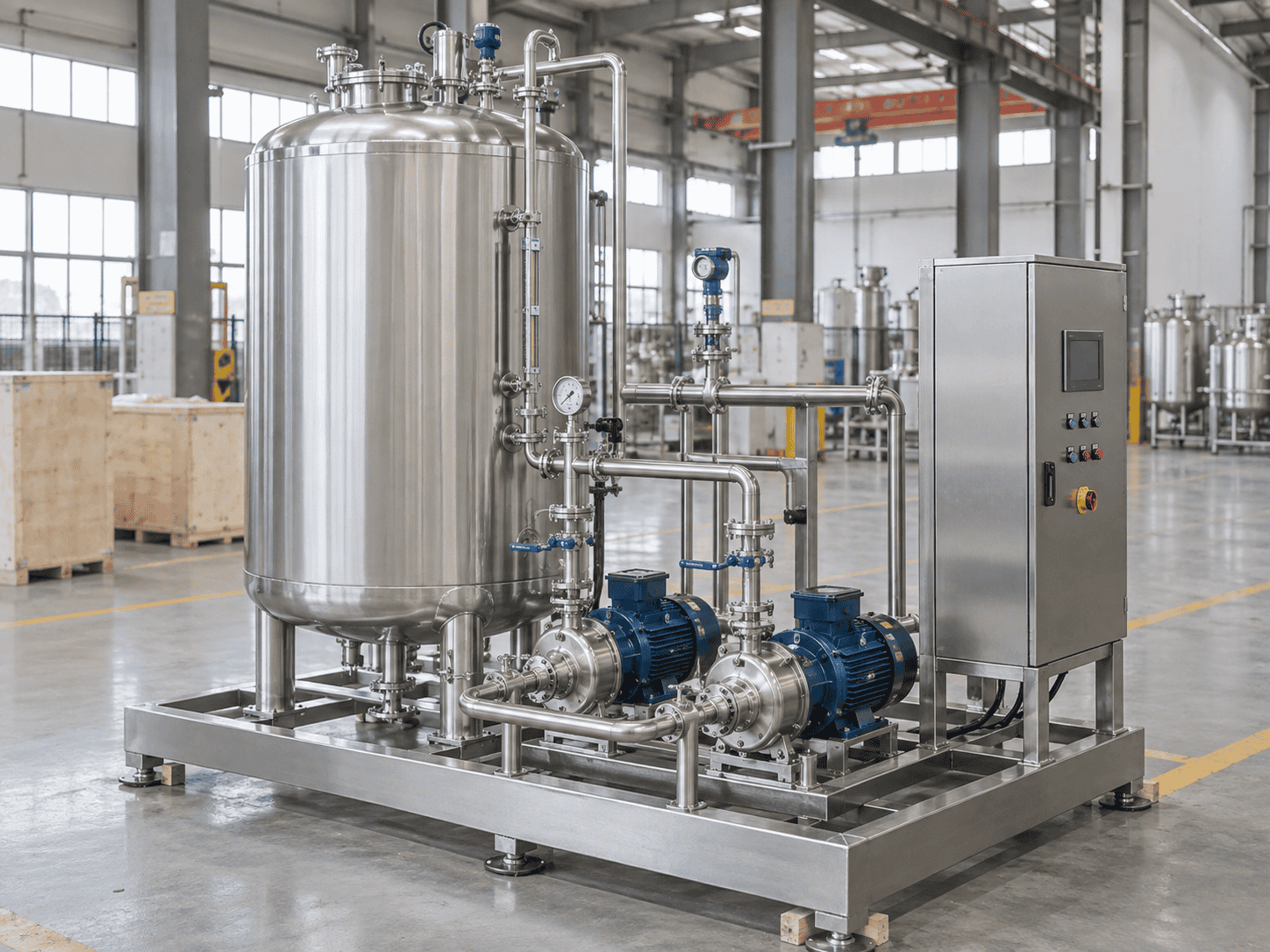 Completed storage skid system with stainless steel tank, twin transfer pumps, piping and control panel in a manufacturing workshop