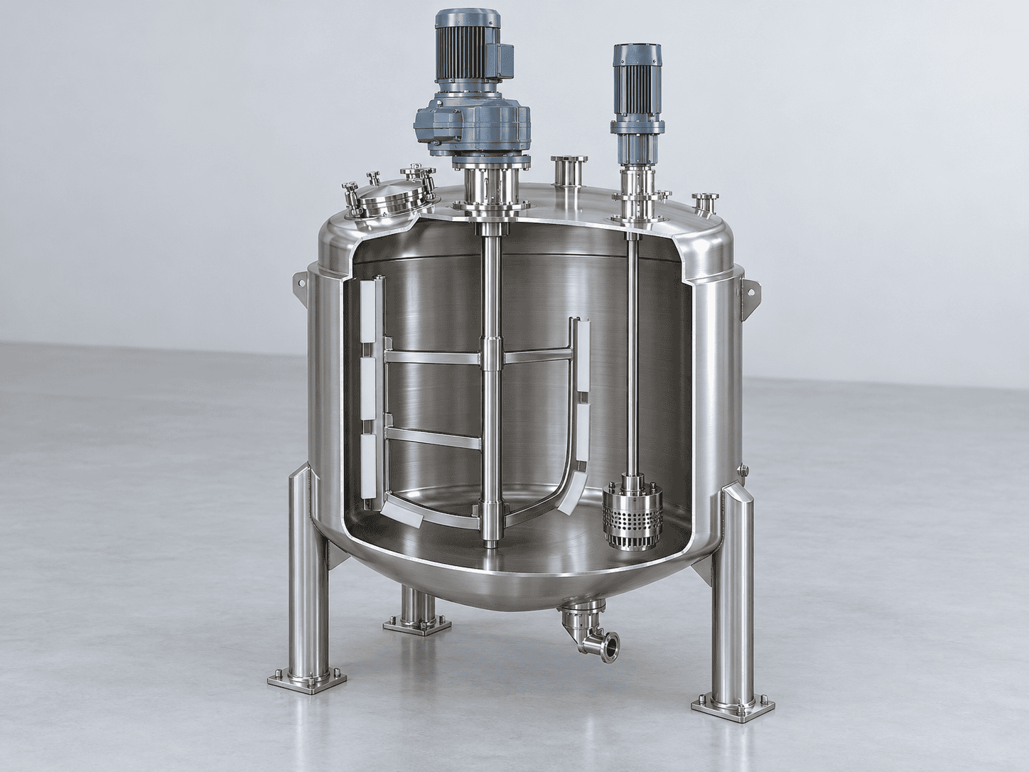 Top-mounted internal homogenizer configuration for a vacuum emulsifying mixer