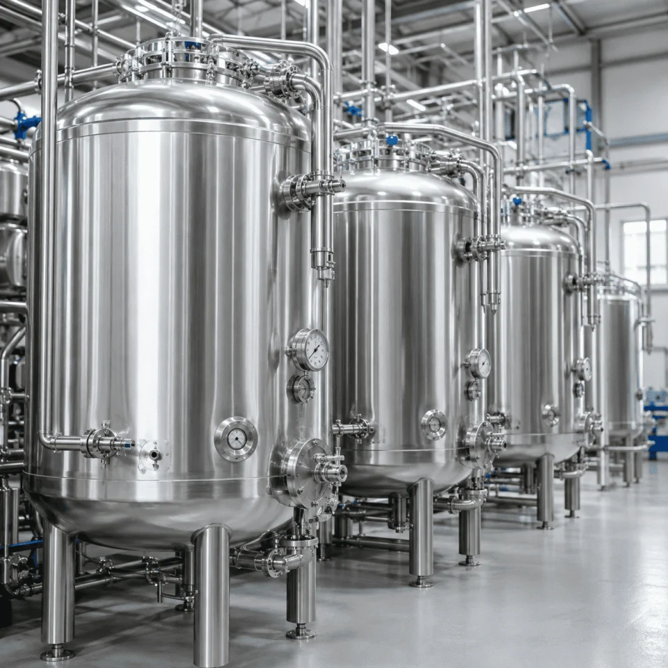 Stainless steel pressure vessel in a manufacturing workshop