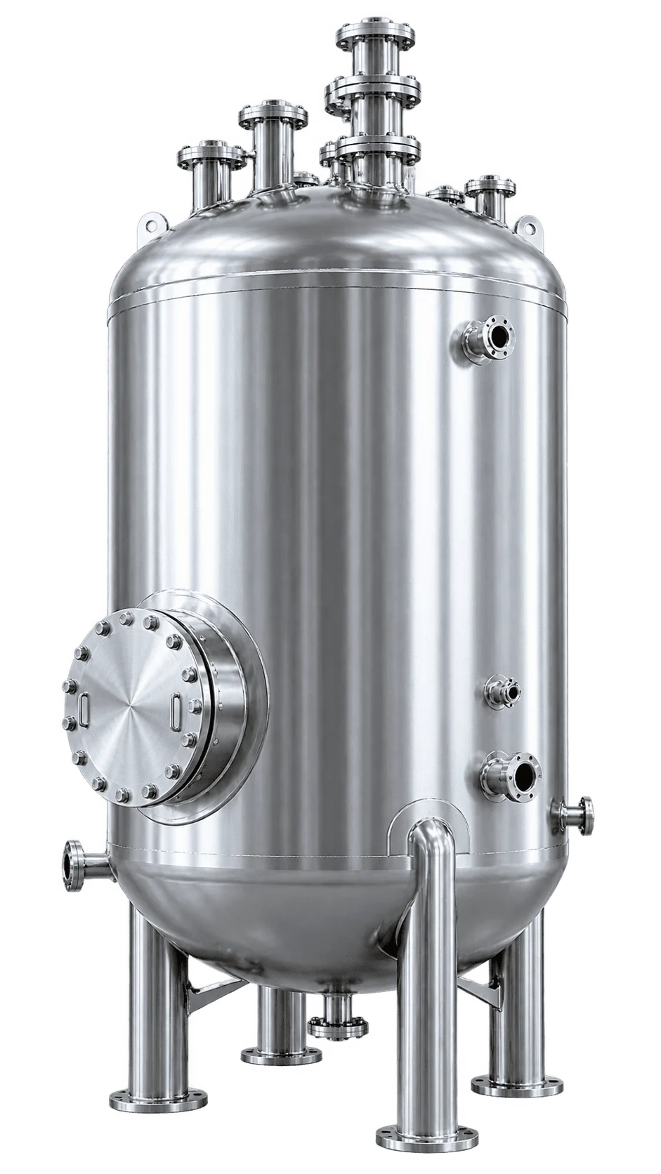 Custom vertical stainless steel pressure vessel with nozzles, manway and support legs