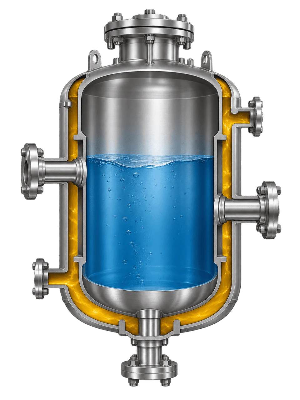 Jacketed pressure vessel cutaway showing process-side and jacket-side material boundaries