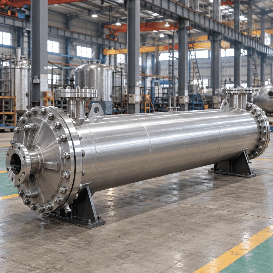 Stainless steel shell and tube heat exchanger in a Chinese manufacturing facility