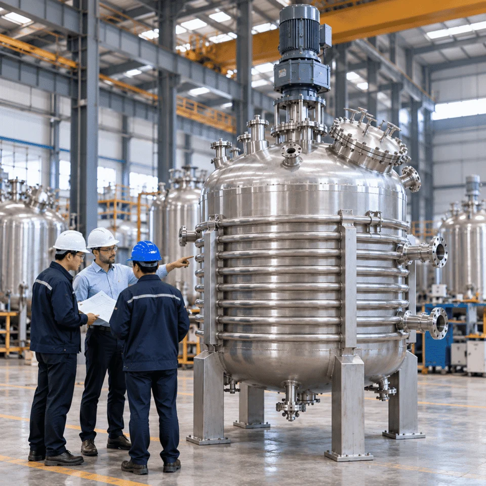 Engineers reviewing a vertical stainless steel half-pipe coil jacketed pressure vessel in the factory