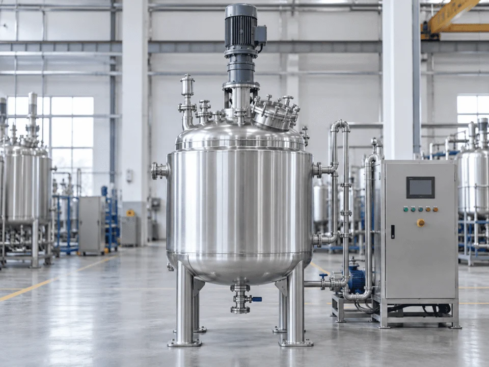 Jacketed chemical reactor in industrial factory