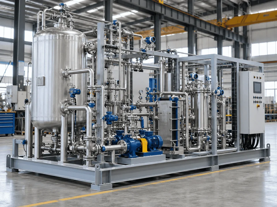 Integrated process skid system with vessels, pumps, piping, valves and instrumentation