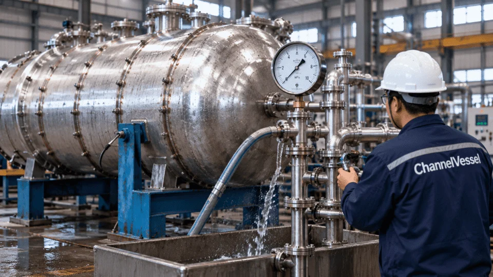 Hydrostatic pressure testing of a stainless steel pressure vessel
