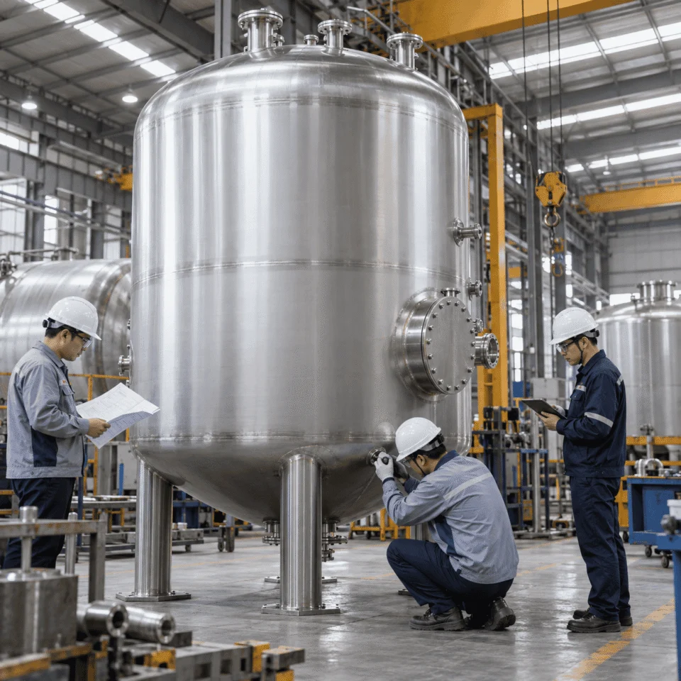 Industrial storage tank fabrication and inspection scene