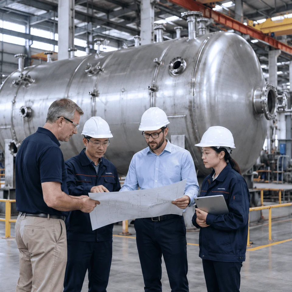 Customer and engineering team reviewing a custom pressure vessel drawing in the fabrication workshop