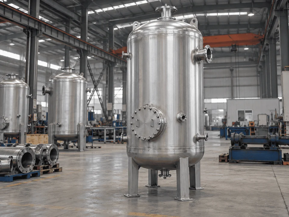 Custom vertical pressure vessels manufactured in an industrial workshop