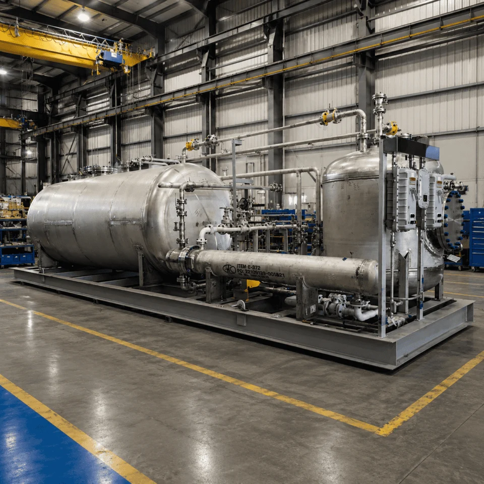 Integrated process skid showing vessels pumps piping valves and instrumentation