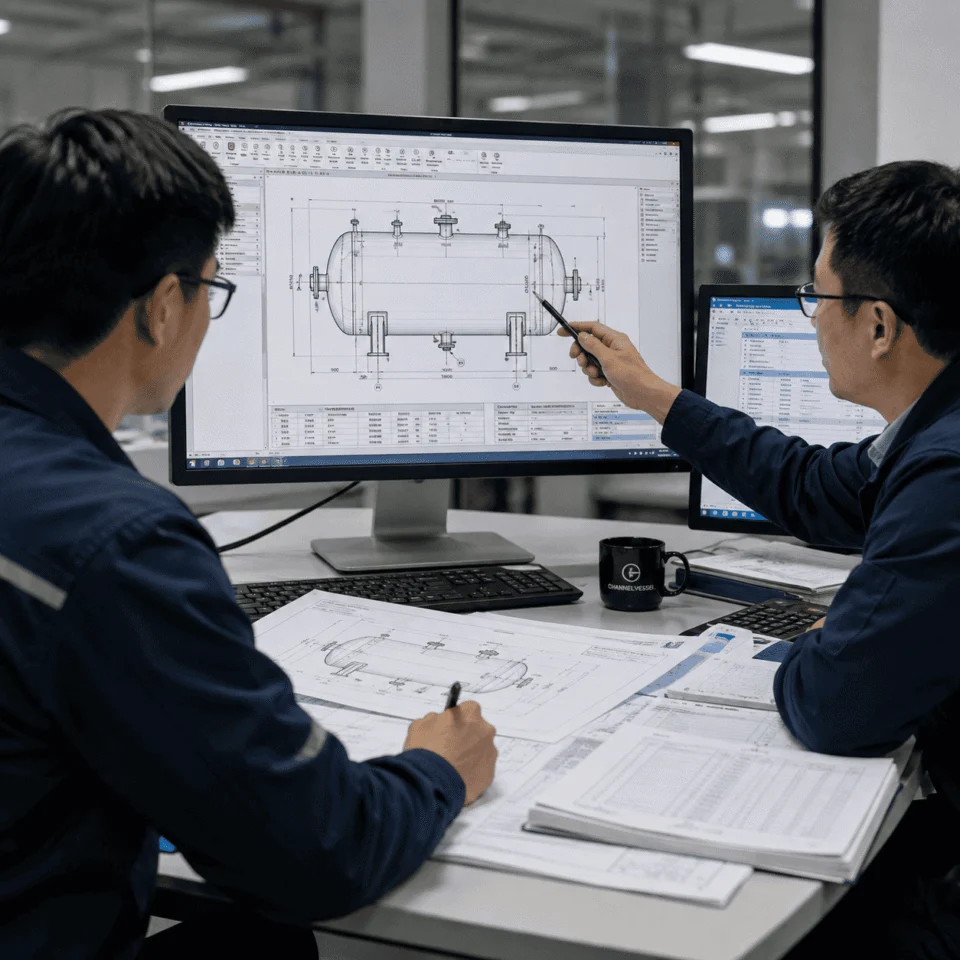ChannelVessel engineers reviewing a custom pressure vessel drawing before manufacturing