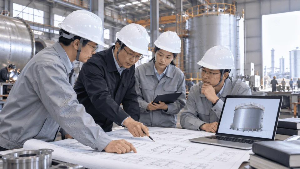 Engineering team reviewing industrial storage tank drawings