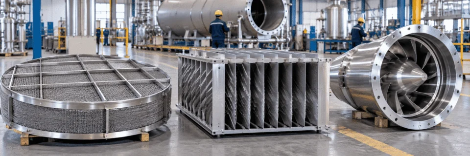 Gas liquid separator mist eliminator internals including wire mesh, vane pack and cyclonic separation components in a fabrication factory