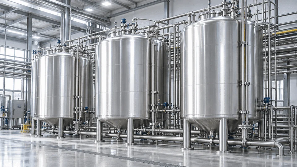 Chemical storage tanks in a manufacturing workshop
