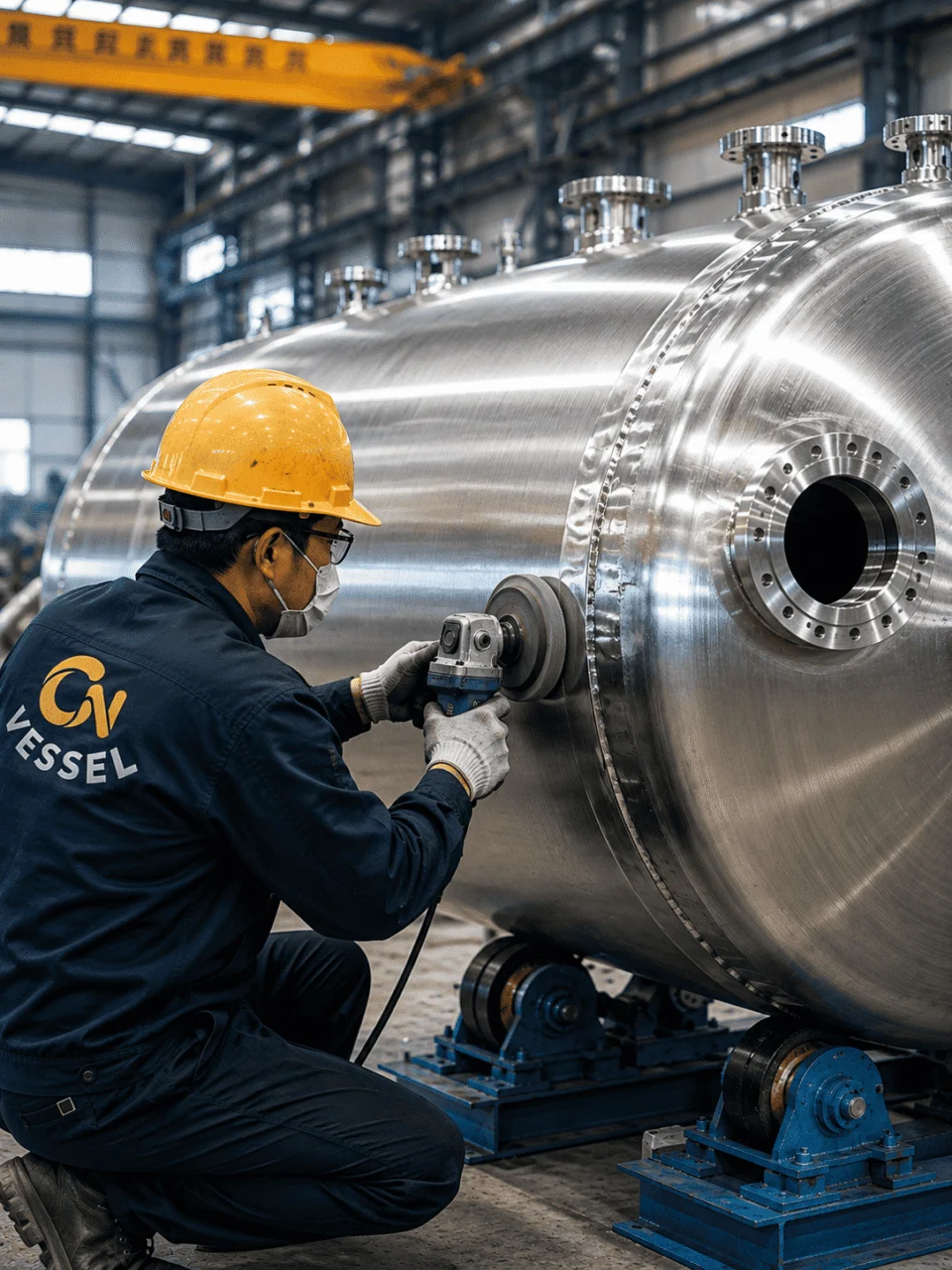 Worker polishing the surface of a stainless steel pressure vessel in the ChannelVessel workshop