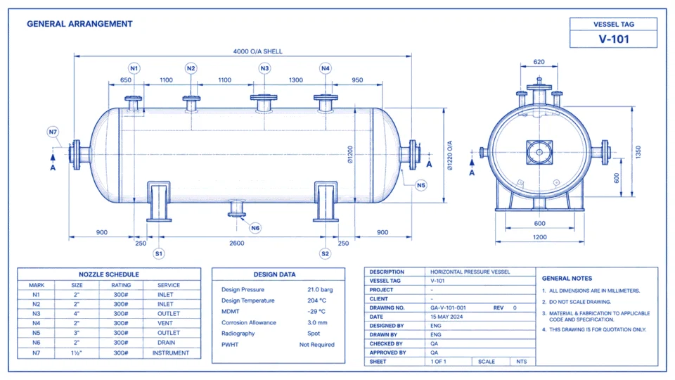 Finished pressure vessel general arrangement drawing