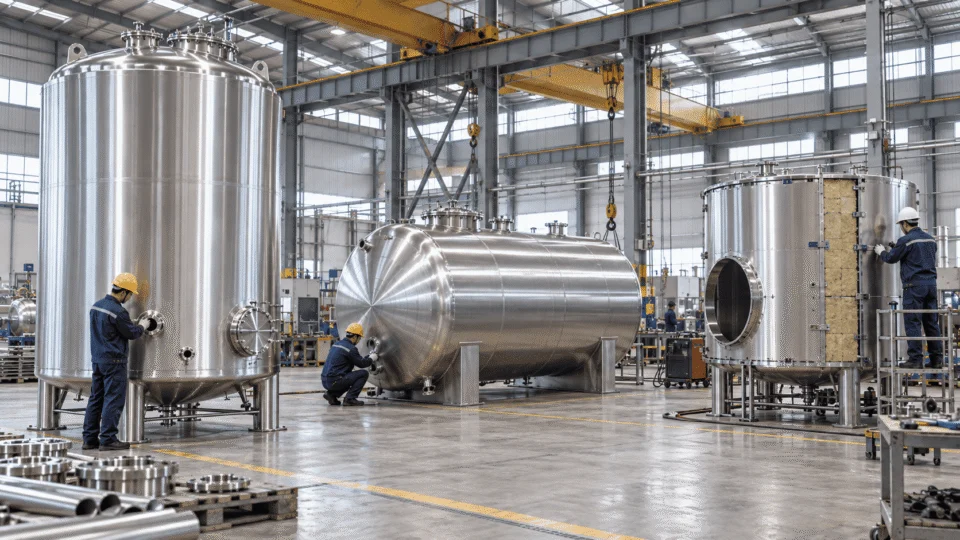 Stainless steel storage tank configurations in a large manufacturing facility