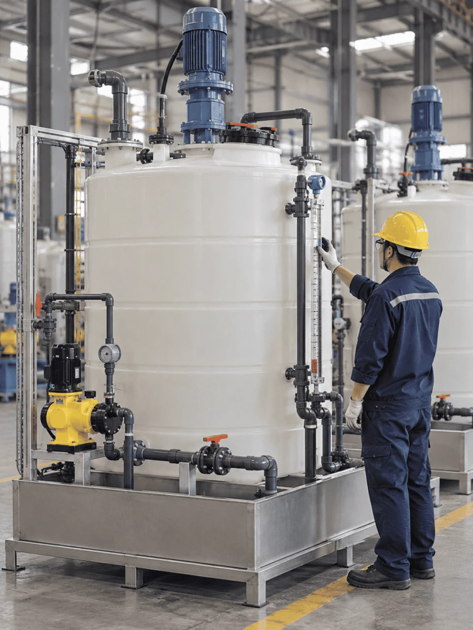 Chemical day tank and mixing system being inspected in a factory