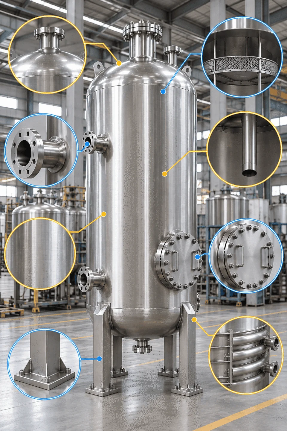 Vertical pressure vessel configuration showing heads, nozzles, internals and thermal options